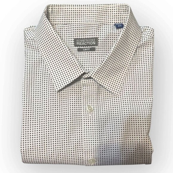 ☆ Mens Kenneth Cole Reaction Long Sleeve Button Up Dress Shirt Size 17.5 Blk/Wht - Picture 2 of 11